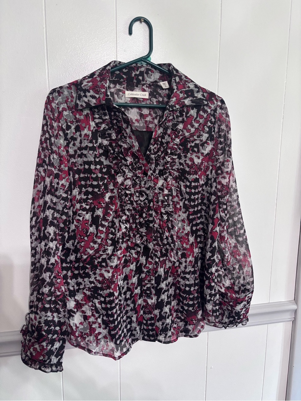 Coldwater Creek Floral Sheer Ruffle V-Neck Blouse - Black, Burgundy & Gray